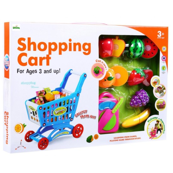 Žaislinis pirkinių vežimėlis su pjaustomomis daržovėmis ir pirkiniais "Shopping Cart"