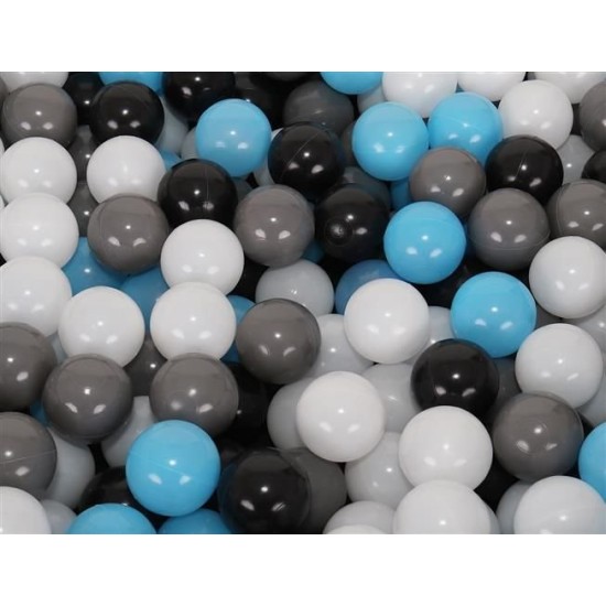 200 vnt. spalvotų plastikinių kamuoliukų 7 cm. juodi - mėlyni