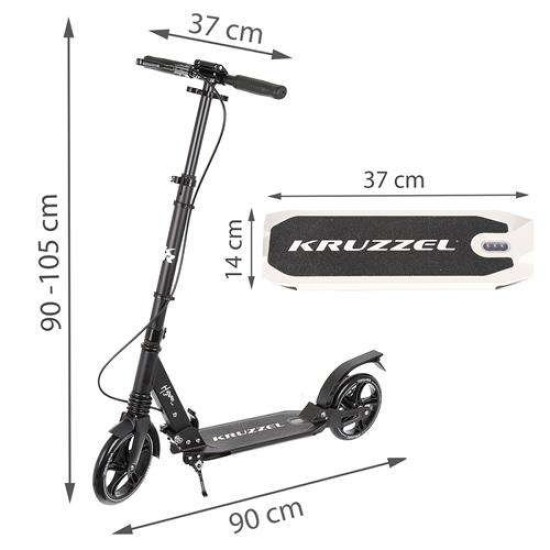 Paspirtukas KRUZZEL su dideliais 20 cm. ratais, diskiniu stabdžiu ir amortizatoriais "Black"