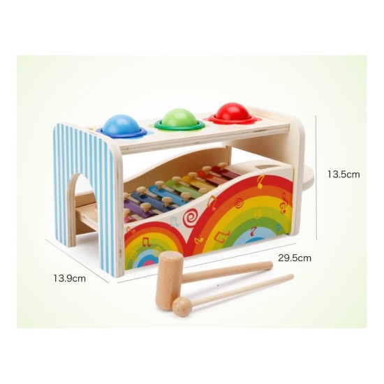 Medinis vaikiškas metalofonas su plaktuku ir kamuoliukais „RAINBOW“ 