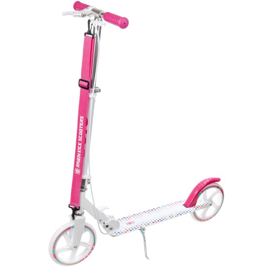Aliuminis paspirtukas RAVEN DOTS WHITE su dideliais 20 cm. ratais Handbrake