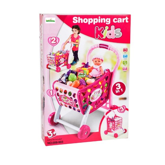Žaislinis pirkinių vežimėlis su pirkiniais "Supermarket" 3in1 rose