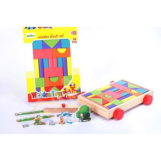 Traukiamas vežimėlis su 30 spalvotų kaladėlių ir žaisliukais