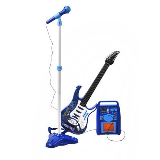 Žaislinė elektrinė gitara su stiprintuvu, mikrofonu ir MP3 jungtimi, mėlyna