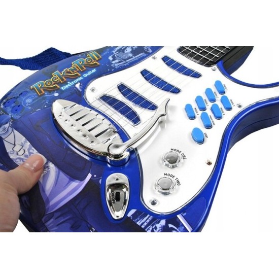 Žaislinė elektrinė gitara su stiprintuvu, mikrofonu ir MP3 jungtimi, mėlyna