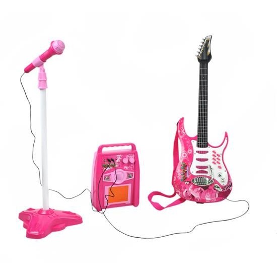 Žaislinė elektrinė gitara su stiprintuvu, mikrofonu ir MP3 jungtimi, rožinė