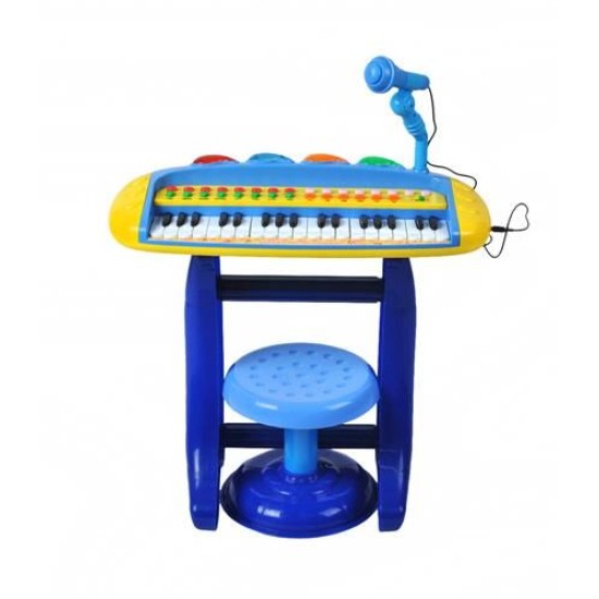 Vaikiškas pianinas su mikrofonu ir kėdute - mėlynas