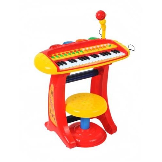 Vaikiškas pianinas su mikrofonu ir kėdute - raudonas
