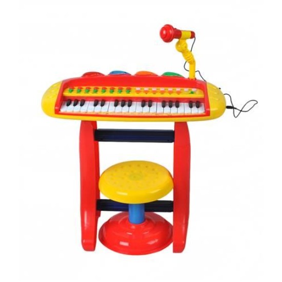 Vaikiškas pianinas su mikrofonu ir kėdute - raudonas