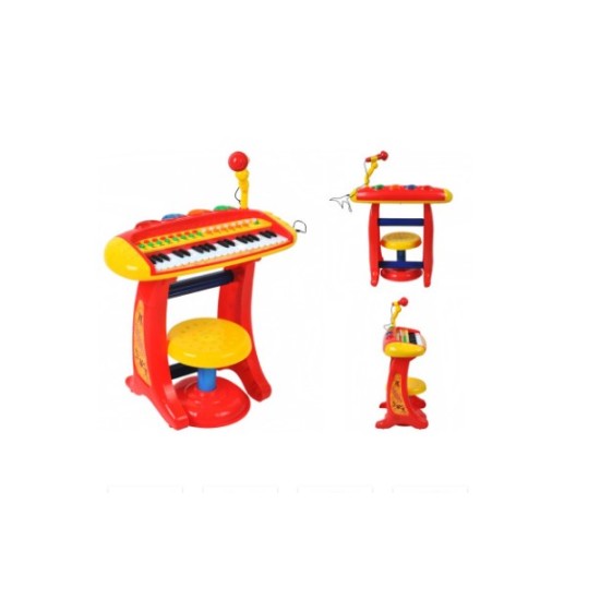 Vaikiškas pianinas su mikrofonu ir kėdute - raudonas